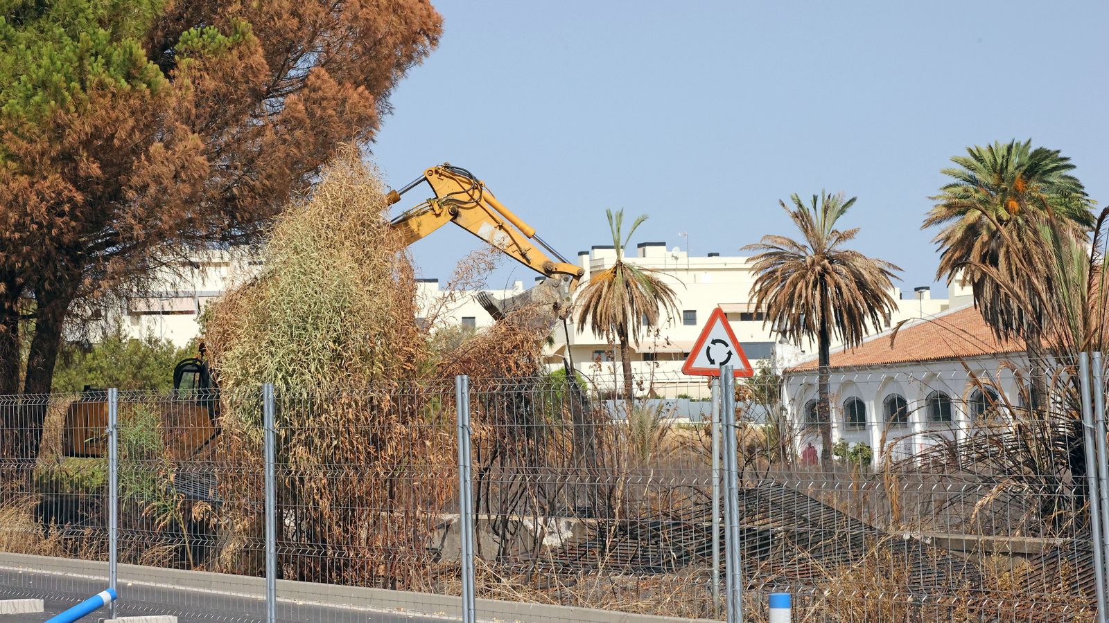 Maquinaria actuando en los antiguos jardines del complejo bodeguero.