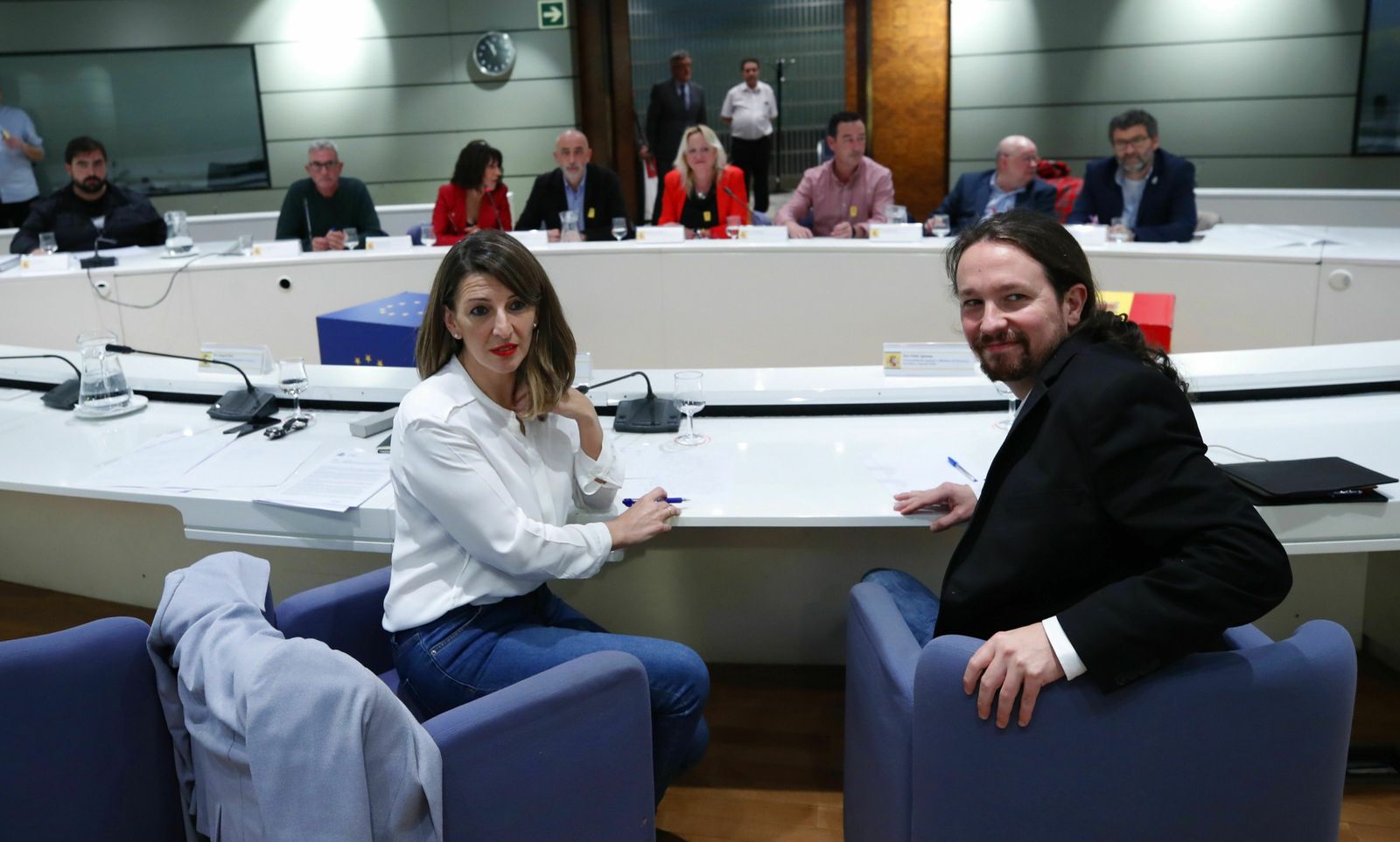 Yolanda Díaz y Pablo Iglesias, este viernes en la reunión de los sindicatos