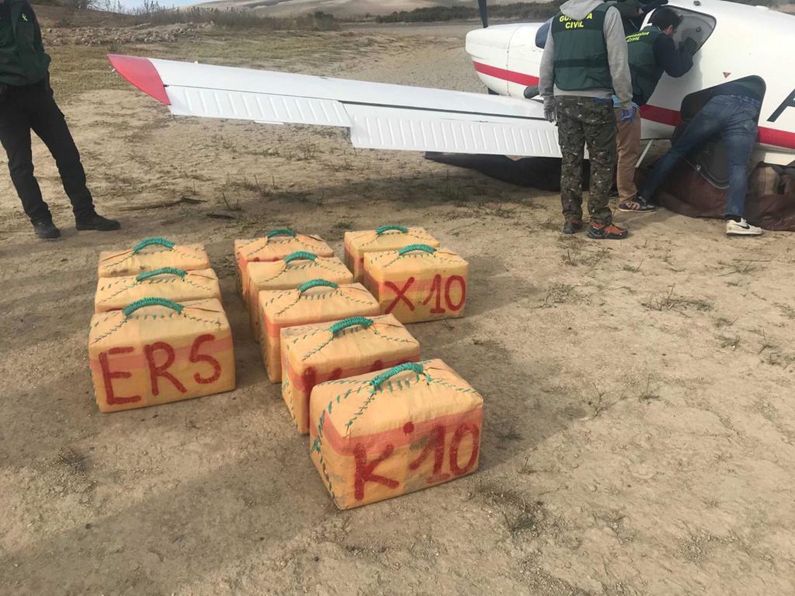 Uno de los alijos incautados junto a la avioneta en la que viajaba.