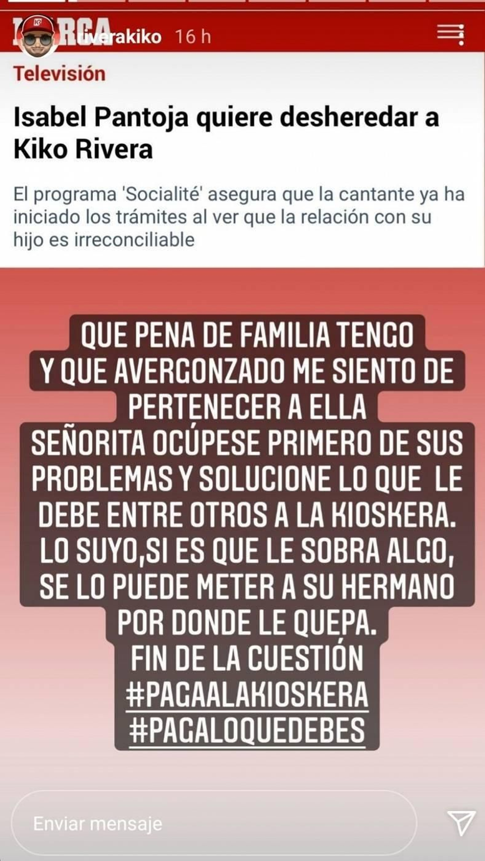 El crudo mensaje contra su madre que Kiko publicó en su 'stories' de Instagram, y luego borró. El crudo mensaje contra su madre que Kiko publicó en su 'stories' de Instagram, y luego borró.