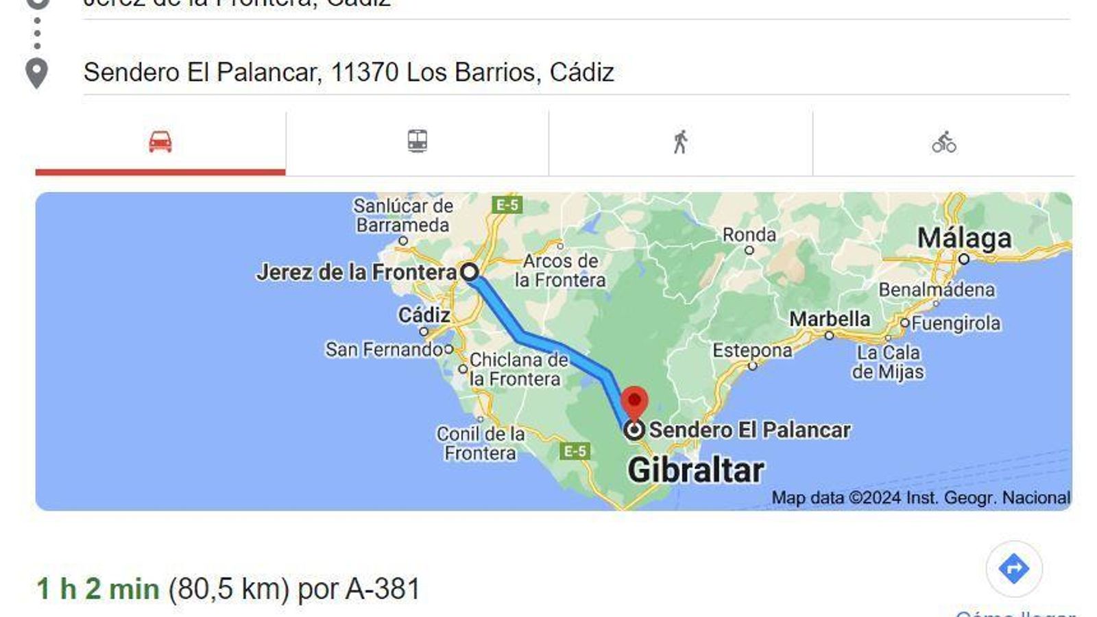 Distancia Jerez- El Palancar Los Barrios.