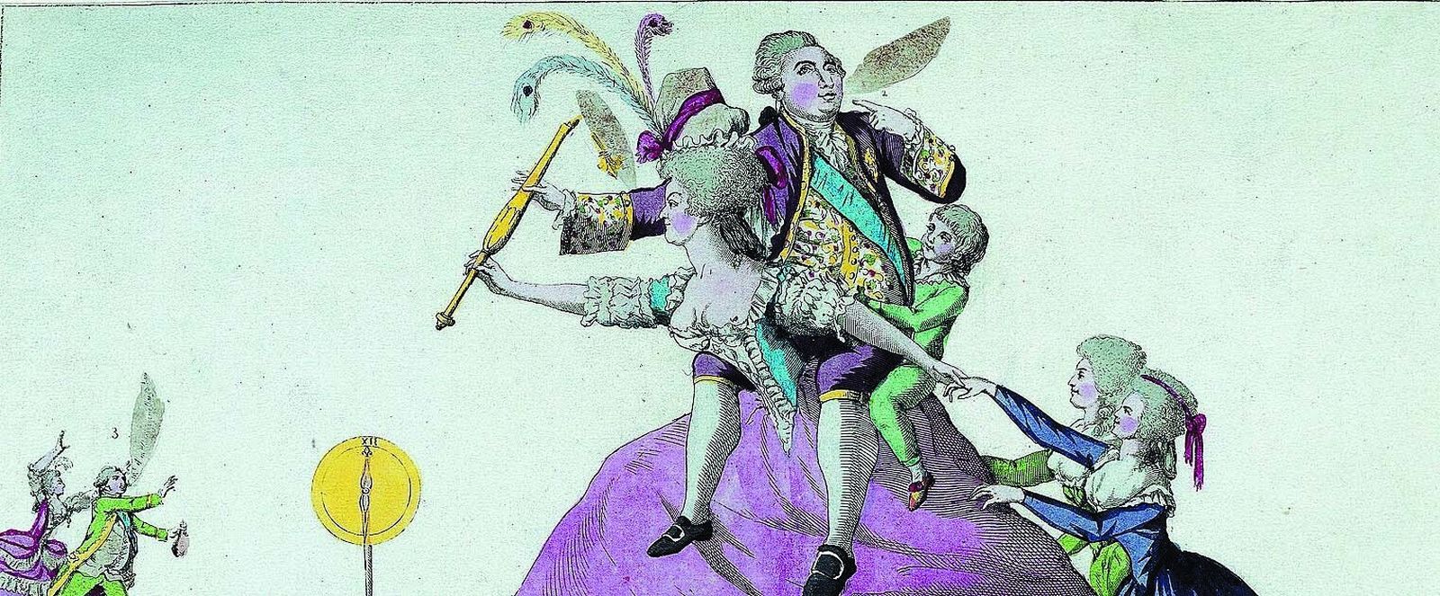 María Antonieta, caricaturizada arrastrando a la familia real.