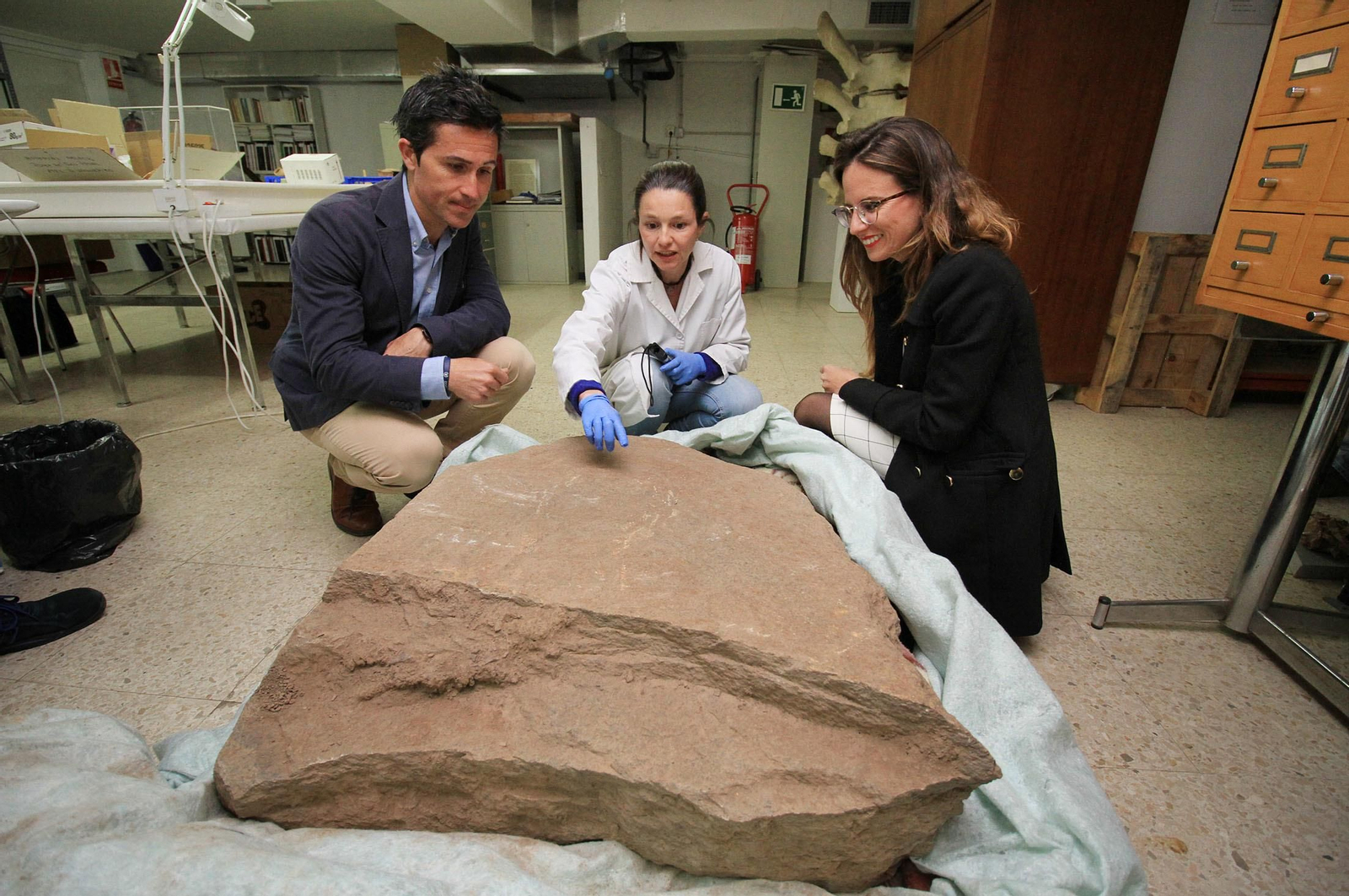 Imágenes de la llegada al museo de Huelva de la estela de cerca de 5.000 años de antigüedad hallada en Cañaveral de León