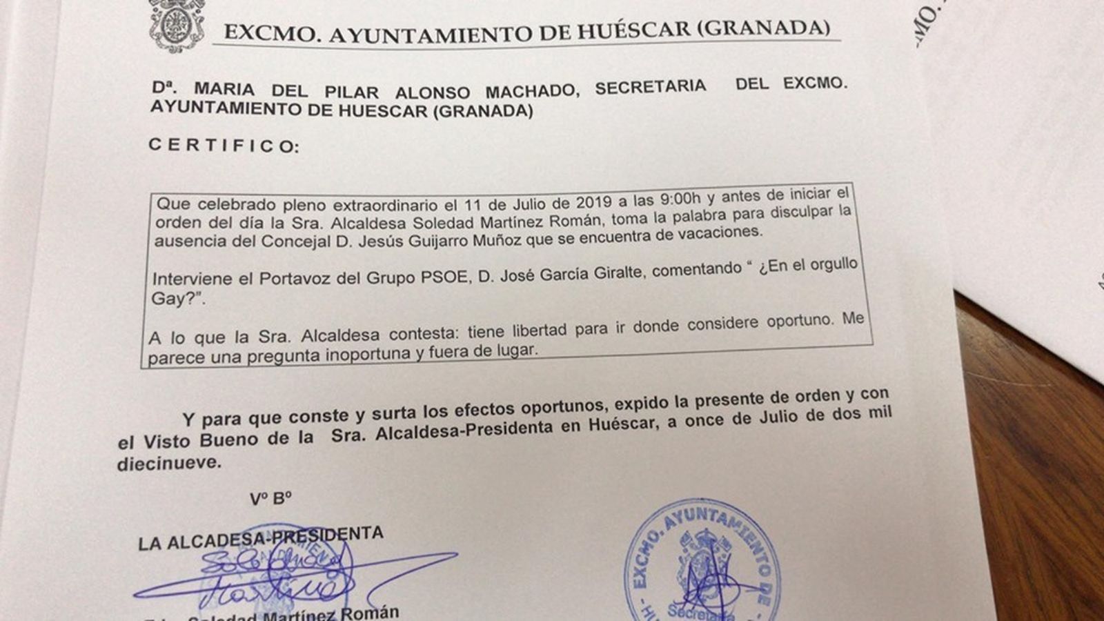 El acta del pleno con la frase de José García Giralte