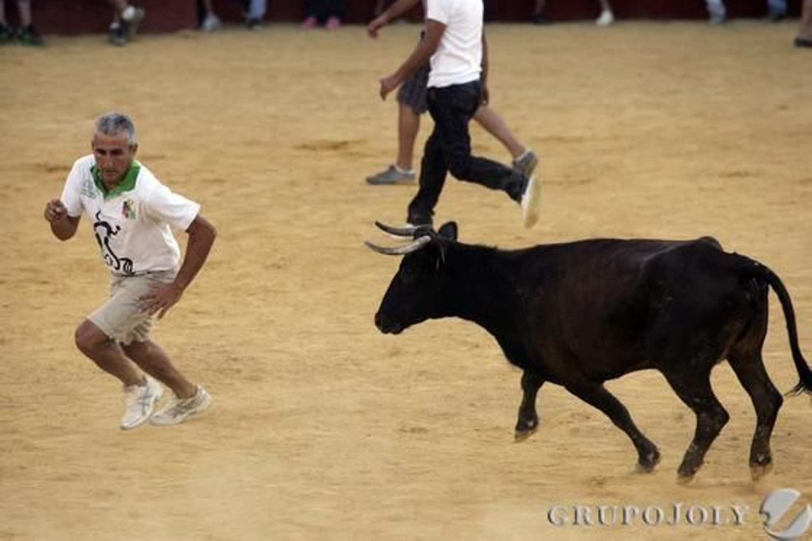 Imagen de la vaquilla persiguiendo a uno de los mozos

Foto: José María Quiñones