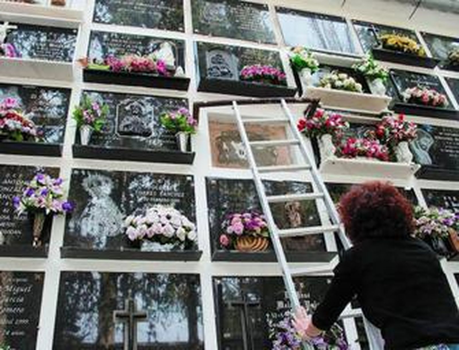 Una vecina coloca la escalera para subir hasta la tumba de un familiar.