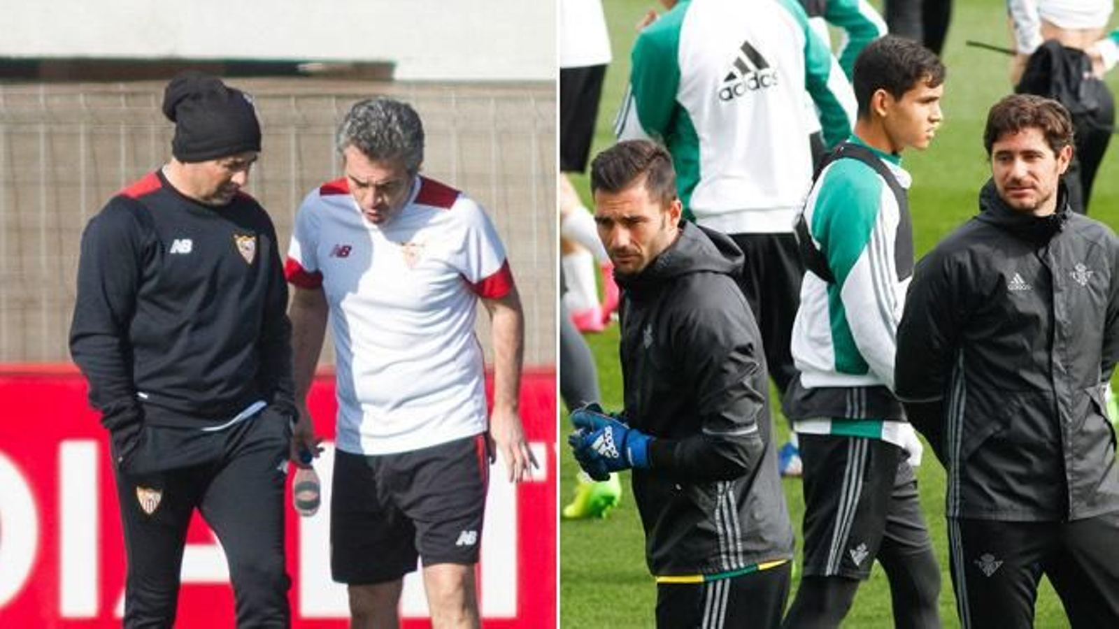 Izda. Sampaoli conversa con Juanma Lillo./ Dcha. Víctor Sánchez del Amo, con Adán en primer plano.