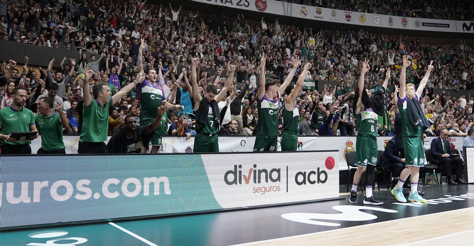 El banquillo del Unicaja celebrando ante el Madrid