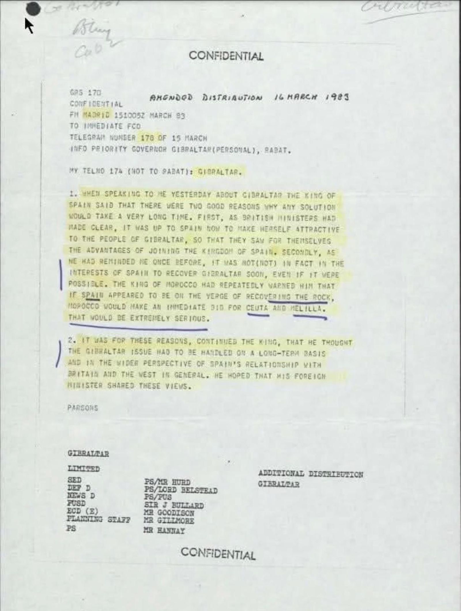Telegrama original del embajador inglés en España dirigido al gobernador de Gibraltar. Asunto: Las palabras del rey Juan Carlos I respecto al interés de España sobre la roca.