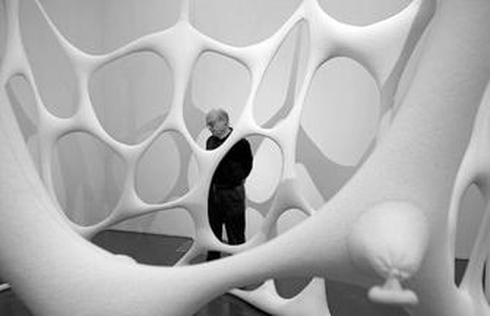Luis Gordillo, en CaixaFórum junto a una obra del brasileño Ernesto Neto.
