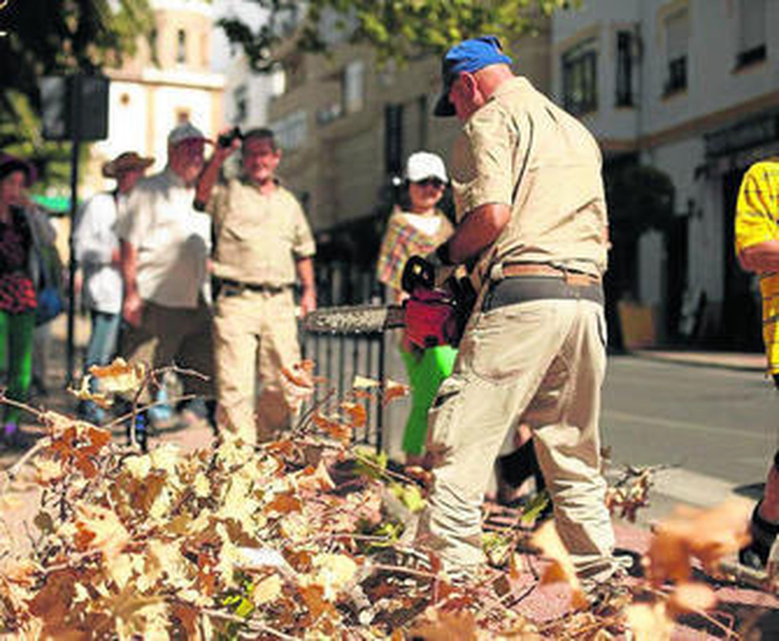 Operarios limpiando los restos de la rama caída sobre la acera.