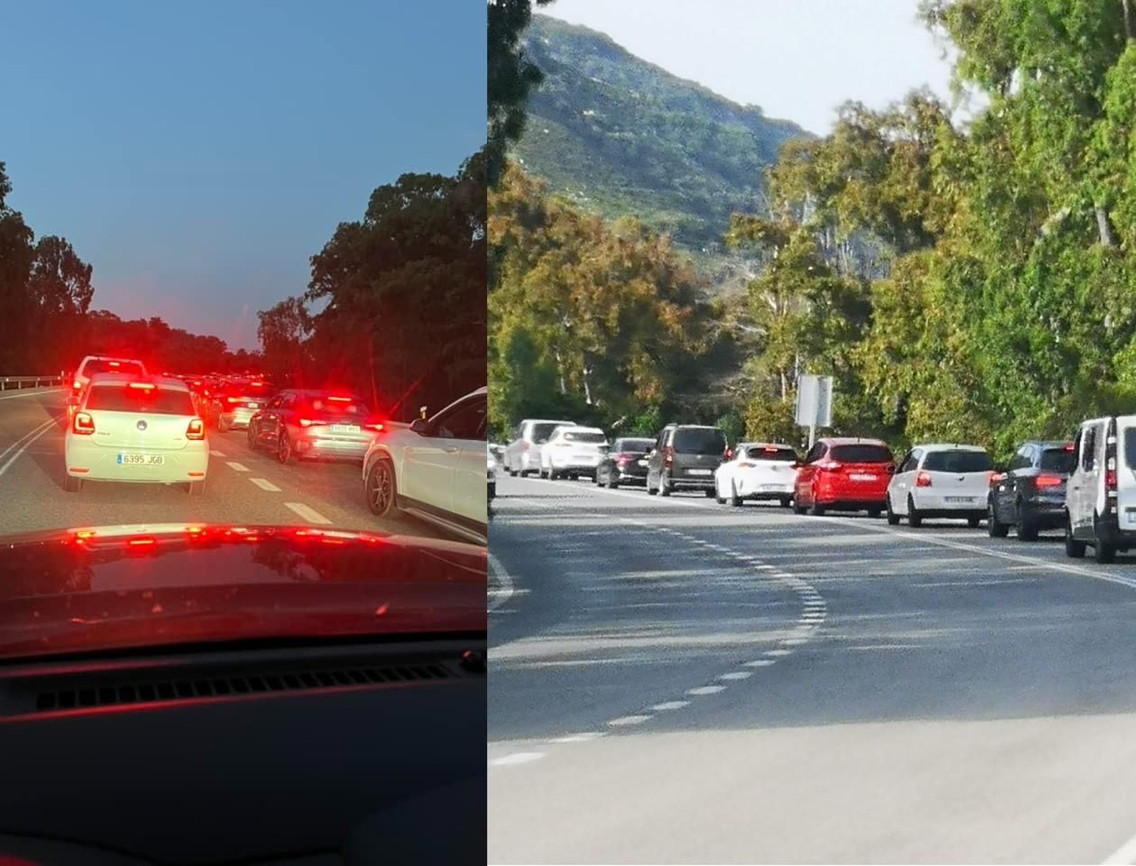 Dos fotografías del atasco en la N-340 este domingo por la tarde.