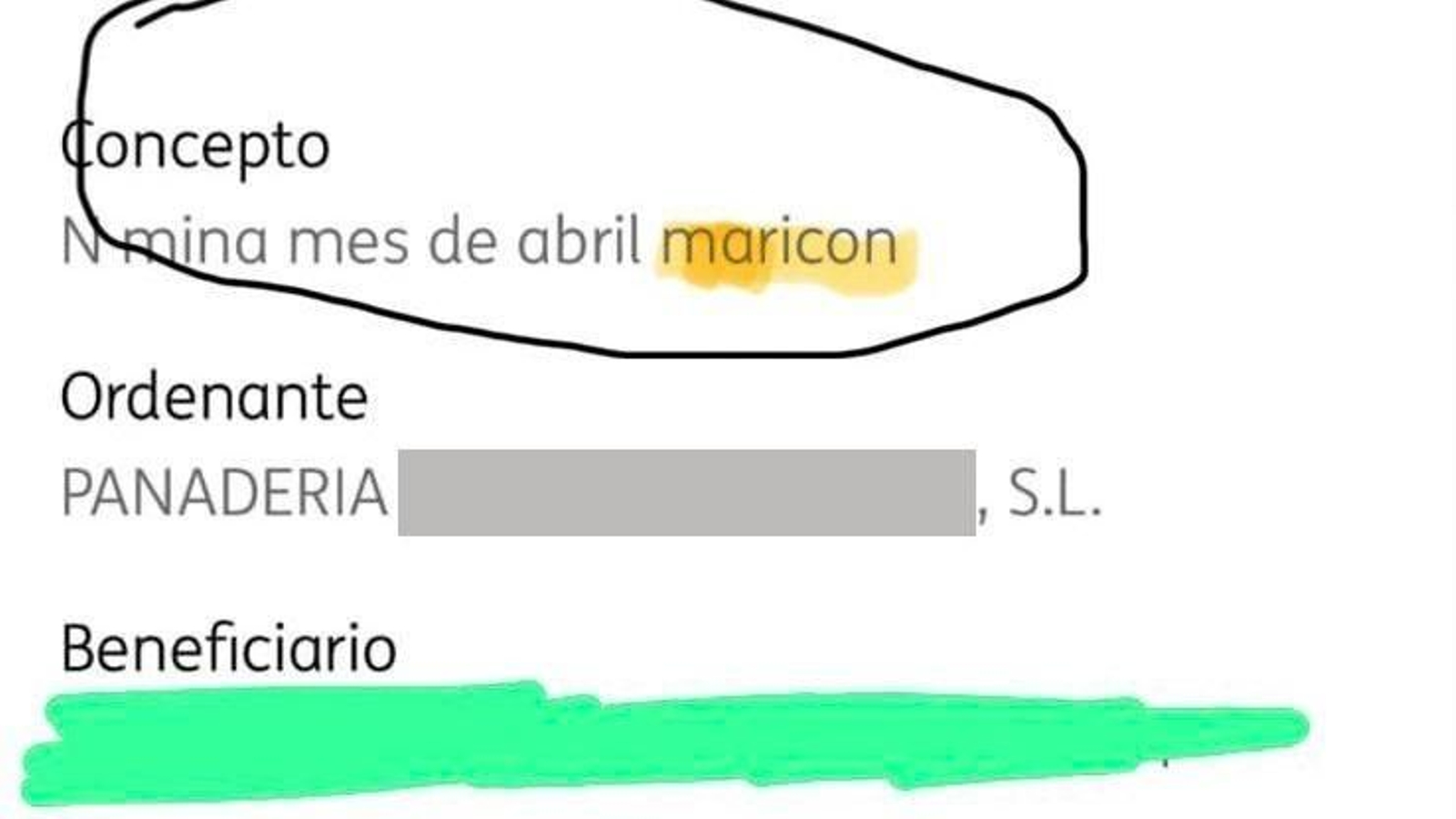 Imagen del extracto bancario donde se aprecia el concepto 'nomina abril maricon'. Imagen del extracto bancario donde se aprecia el concepto 'nomina abril maricon'.