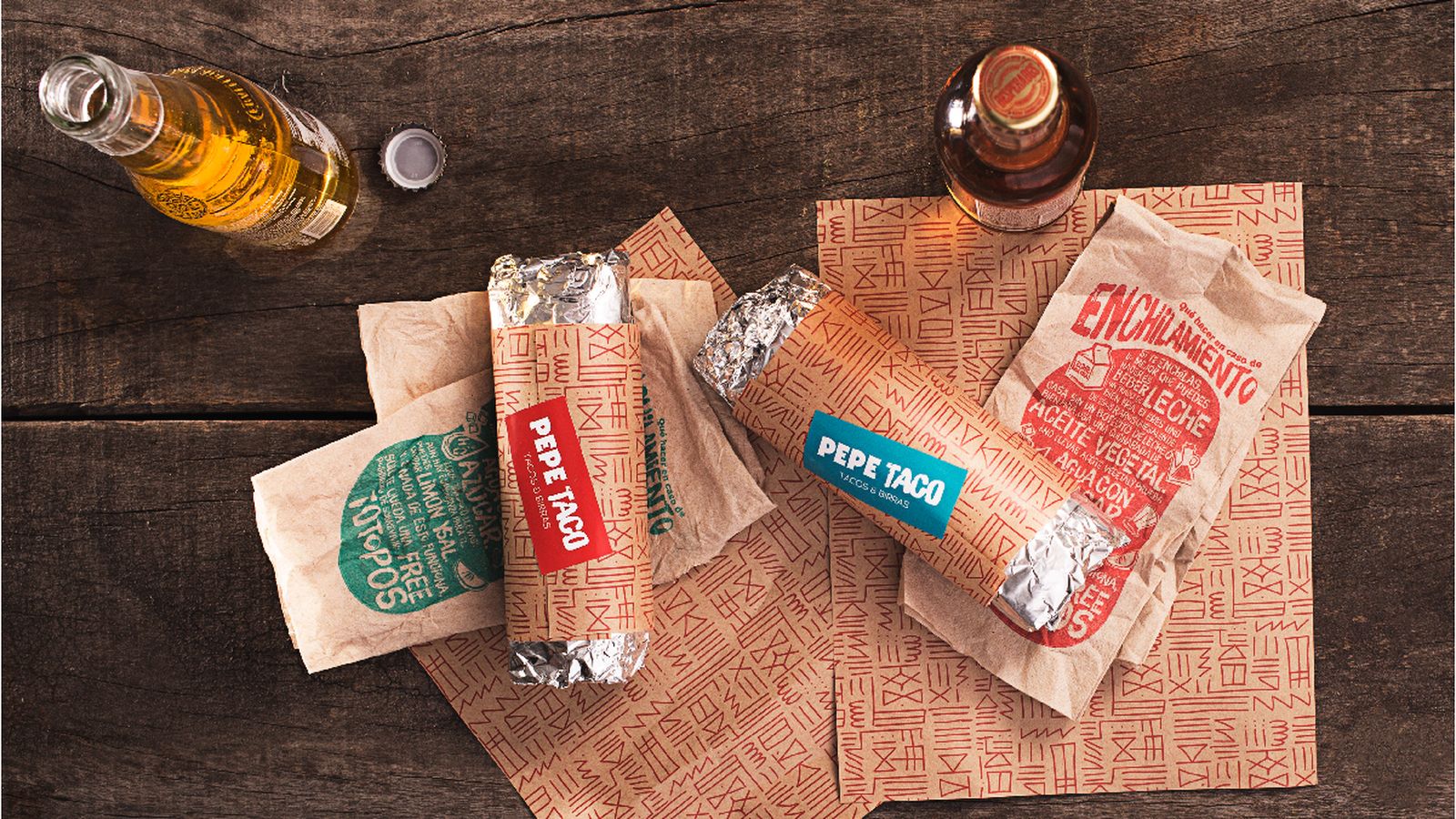 Tacos y botellines de cerveza de Pepe Taco.