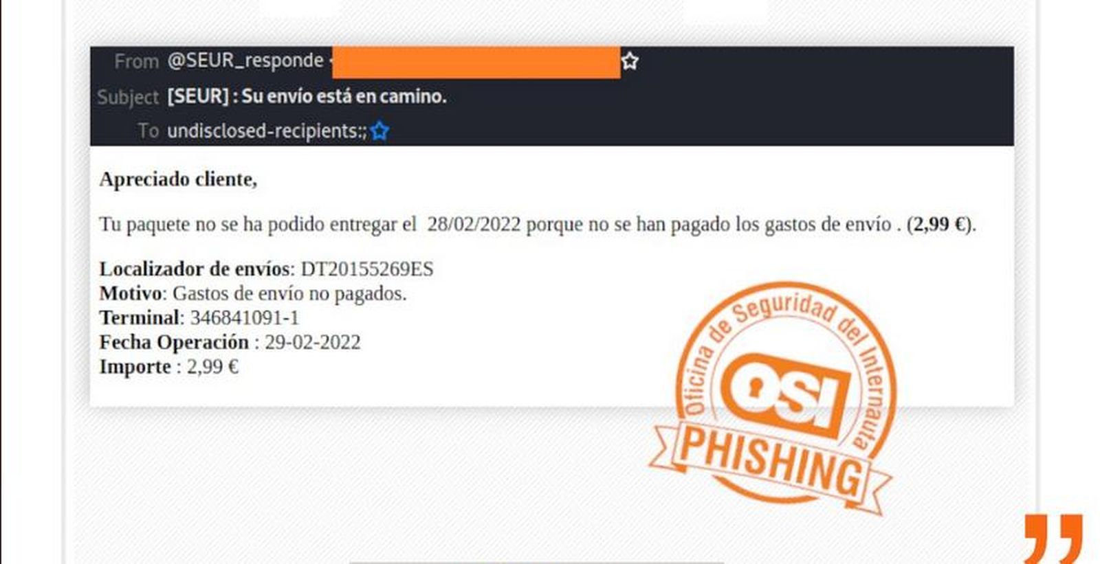 Incibe alerta de correos electrónicos que suplantan a Seur y piden un pago de 2,99 euros
