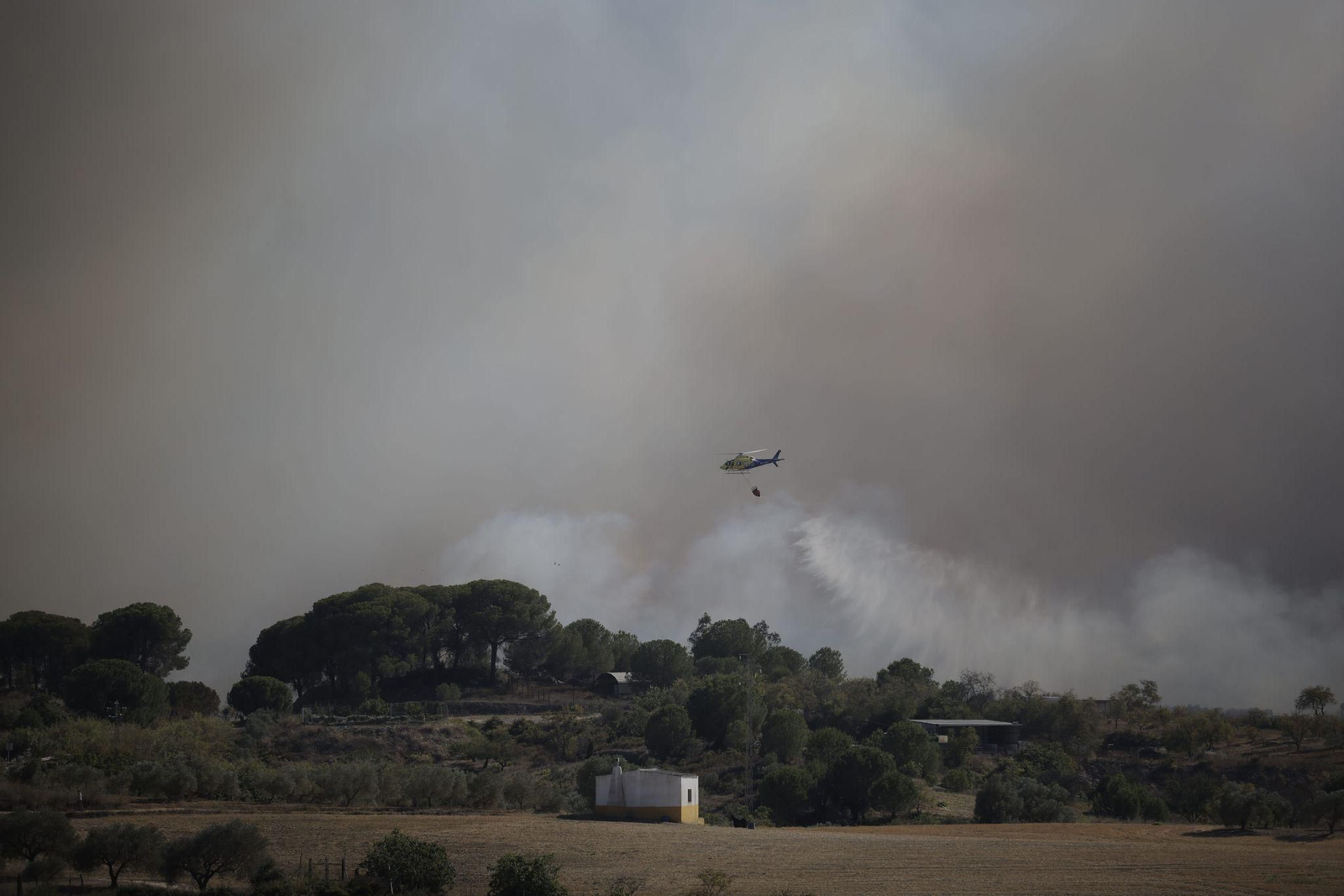 Las imágenes del incendio en Bonares en el que actúan cerca de 20 medios aéreos