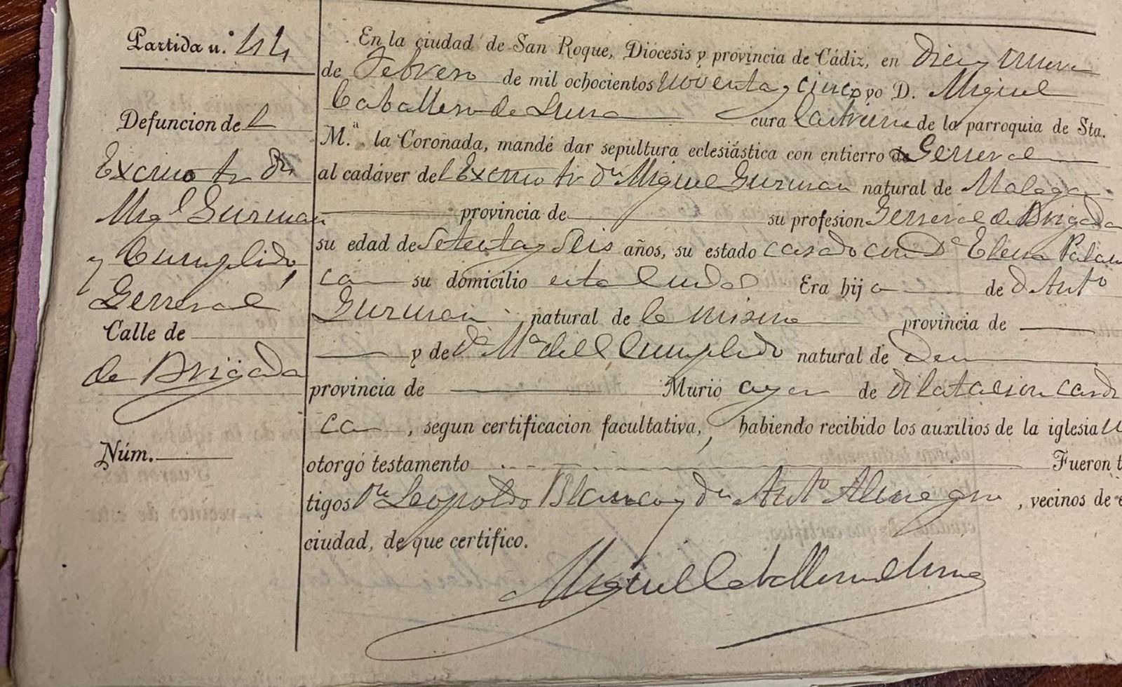 Certificación del enterramiento en San Roque del general Miguel Guzmán Cumplido (1895).