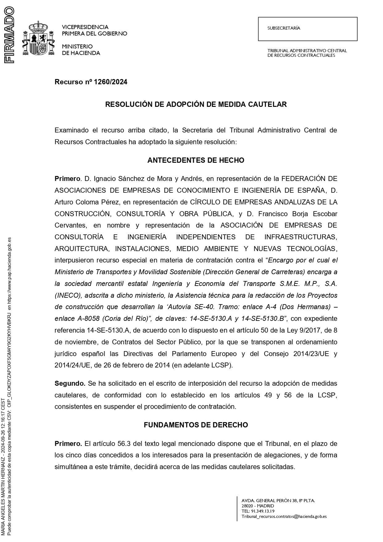 La resolución del Tribunal Administrativo Central de Recursos Contractuales, el 26 de septiembre. Página 1