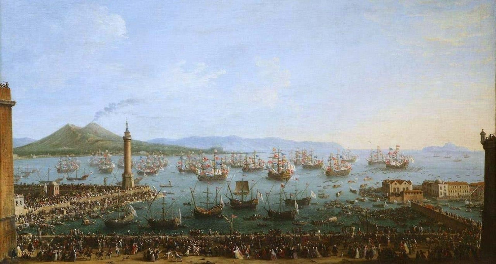 Óleo de Antonio Joli representando el embarque en Nápoles de Carlos II para venir a tomar posesión de la Corona de España; entre ellos se encontraba el conde de Vega Florida, Alonso de la Rosa (Museo del Prado. Madrid).