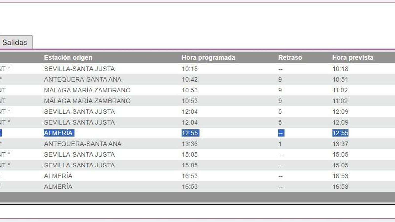 Panel informativo de las llegadas a Granada en la web de Renfe.