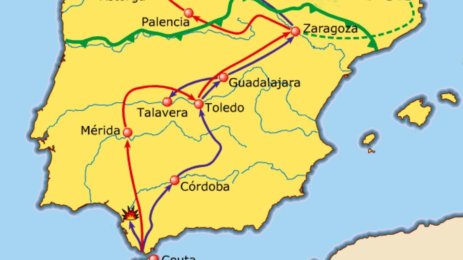 Itinerarios y conquistas de Tariq ben Ziyad y Musa ben Nusayr entre los años 711 y 714.