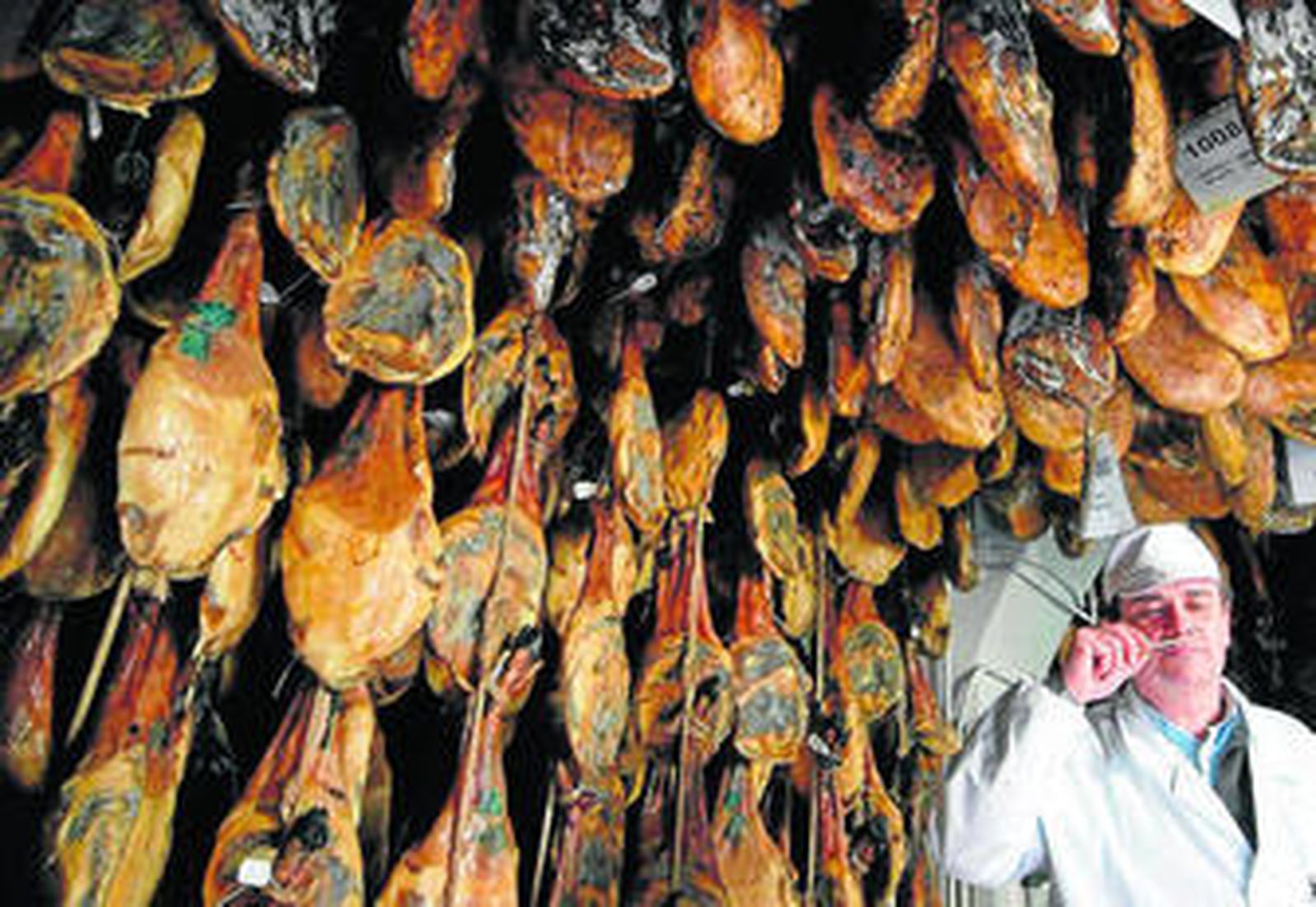 Un experto comprueba el estado de curación de las piezas ibéricas en un secadero onubense.