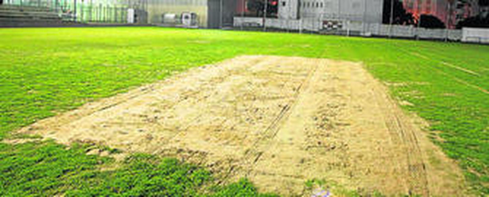 Imagen del resembrado césped del Manolo Mesa, anoche.