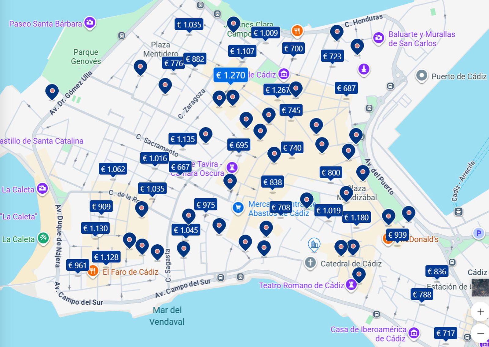 Mapa de precios de los alojamientos en el centro de Cádiz durante el primer fin de semana de Carnaval