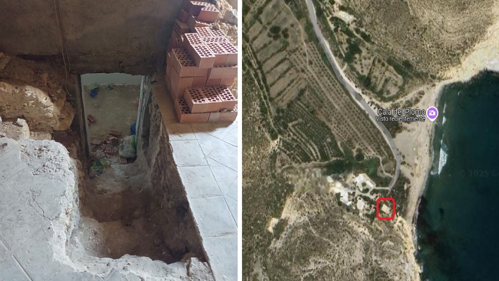 El narcozulo encontrado y la ubicación en la Cala del Plomo