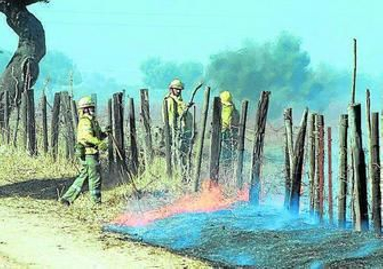 Tres operarios participan en la extinción de un incendio.