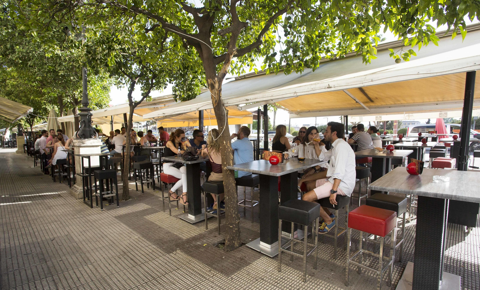 Varias personas toman bebidas en las terrazas del Paseo de Colón.
