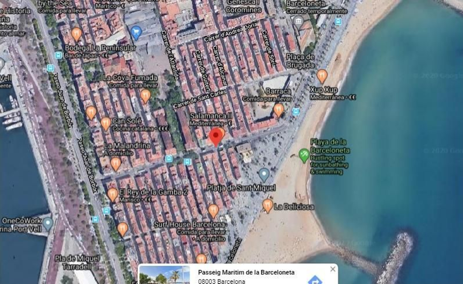 Punto donde ha ocurrido el incendio de la Barceloneta
