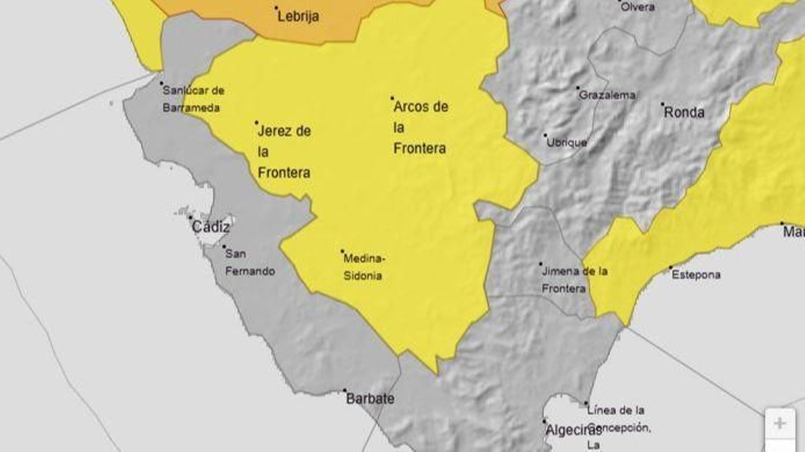 El mapa de los avisos de la Aemet en la provincia de Cádiz.