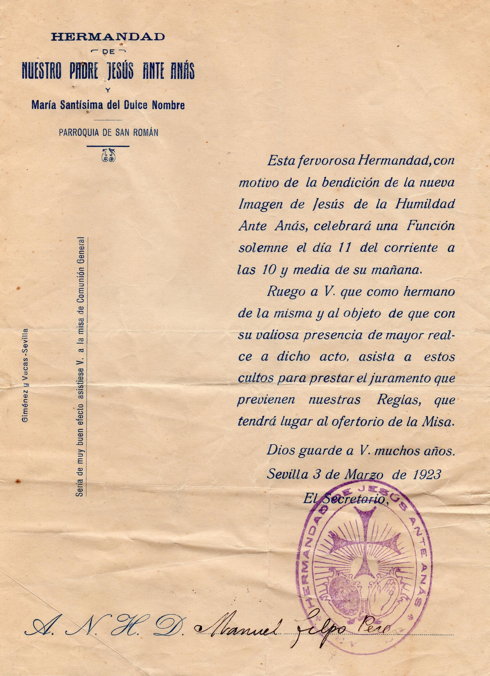 Convocatoria a los hermanos para la bendición de la nueva talla.