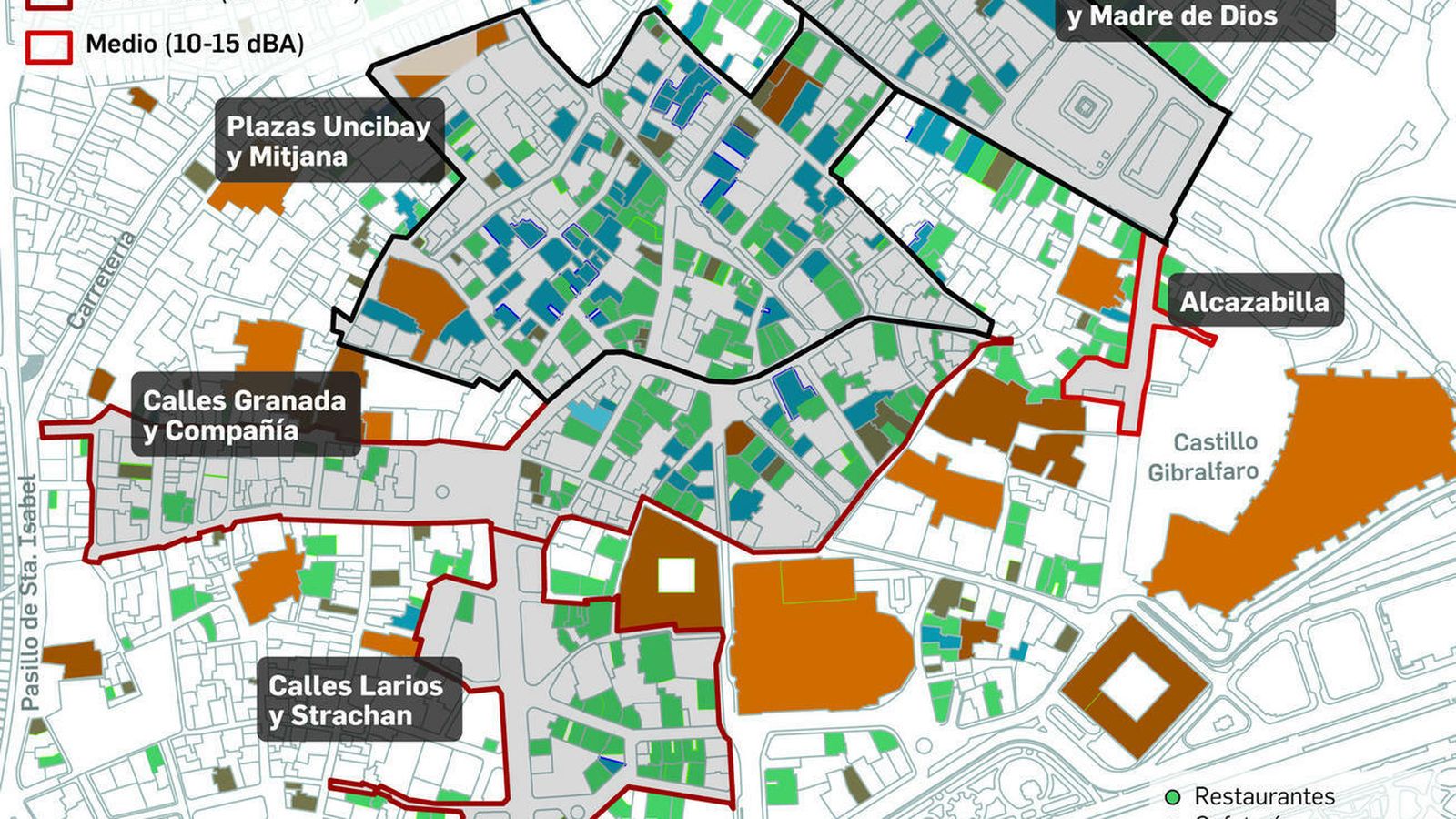 Zonas más afectadas por el ruido en el casco antiguo.