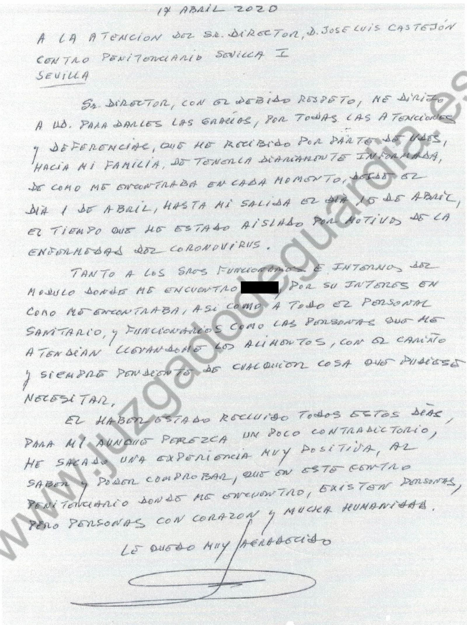 La carta de agradecimiento del preso que ha superado el Covid-19.