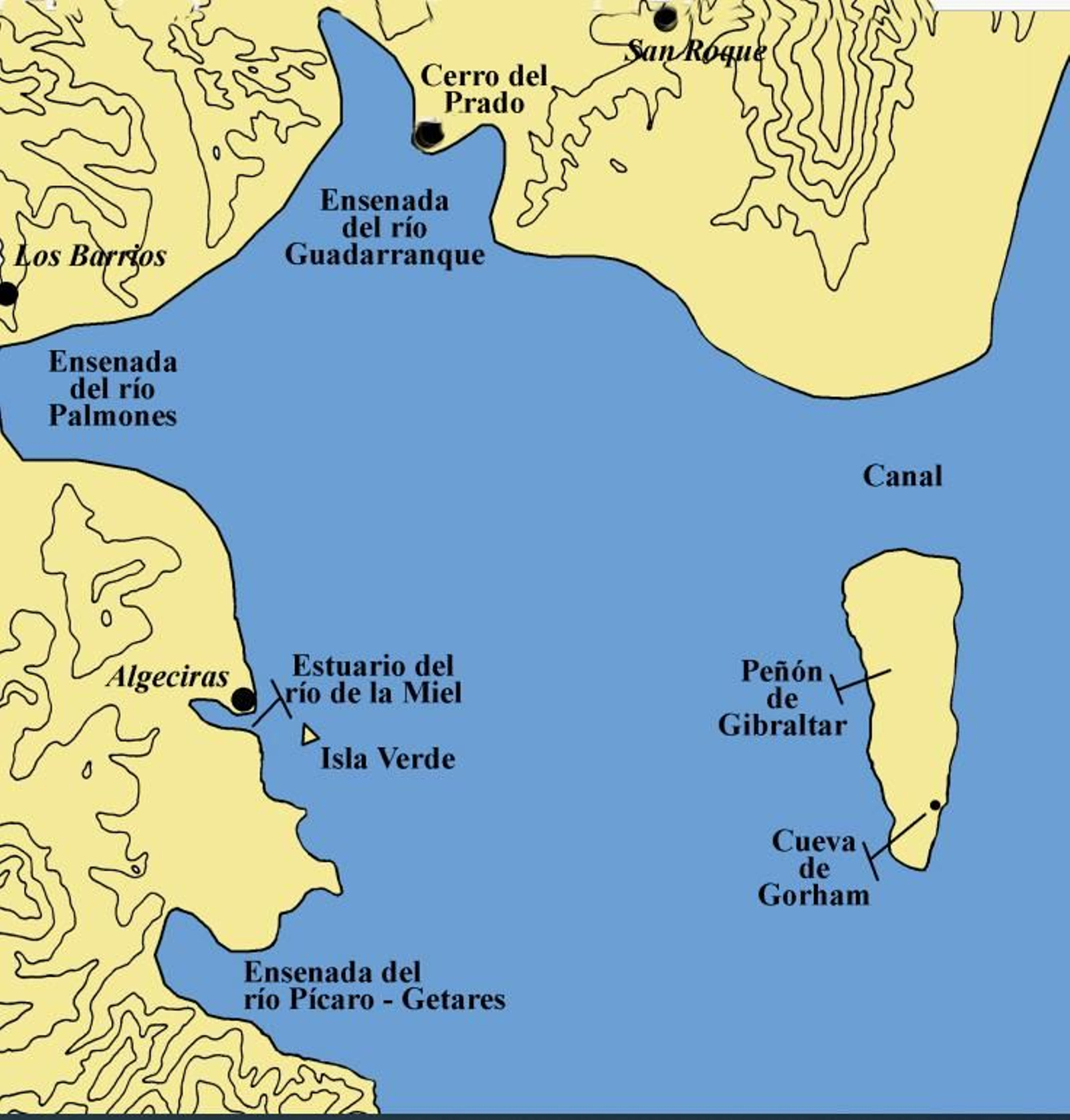 Representación de la probable paleobahía de Algeciras hacia el año 1000 a. C.