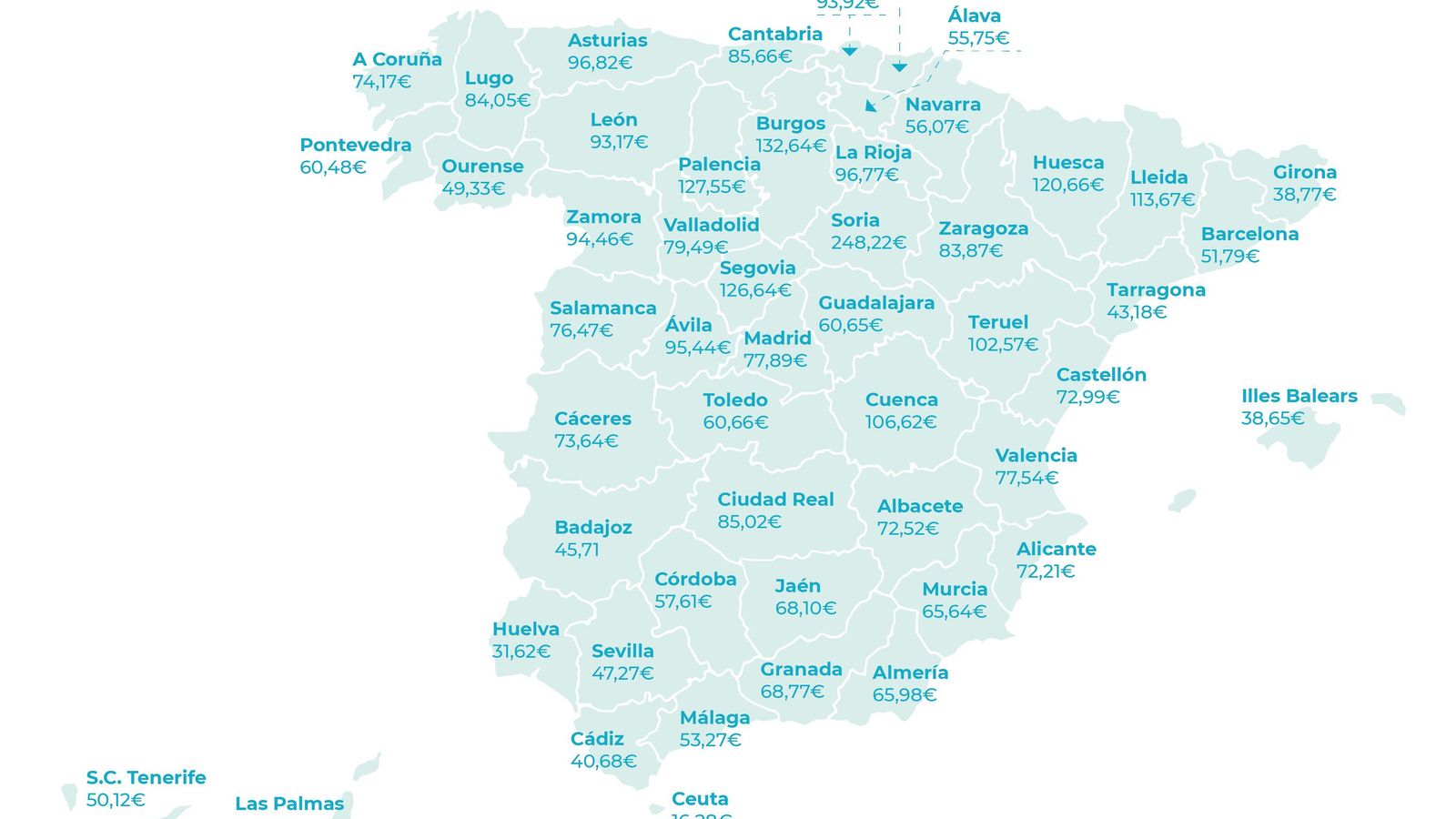 Mapa de la consignación por habitante de lotería de 2022