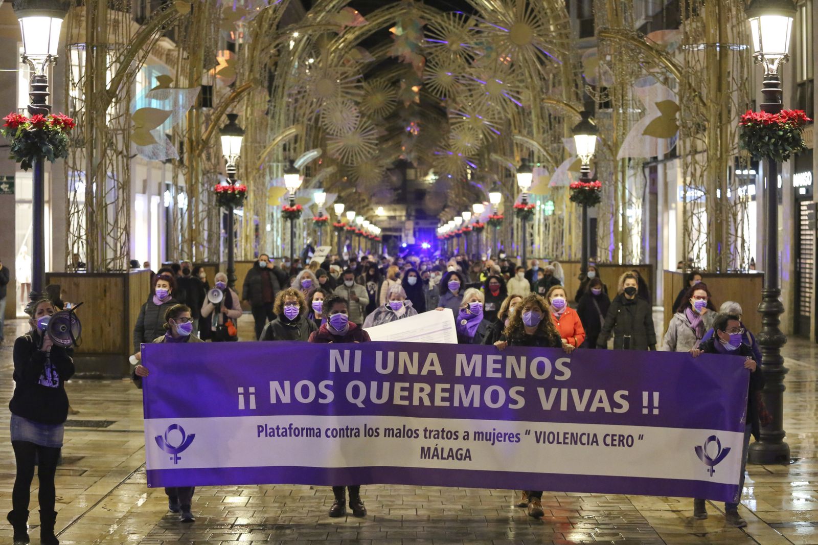 Cabeza de la manifestación este miércoles en la calle Larios.