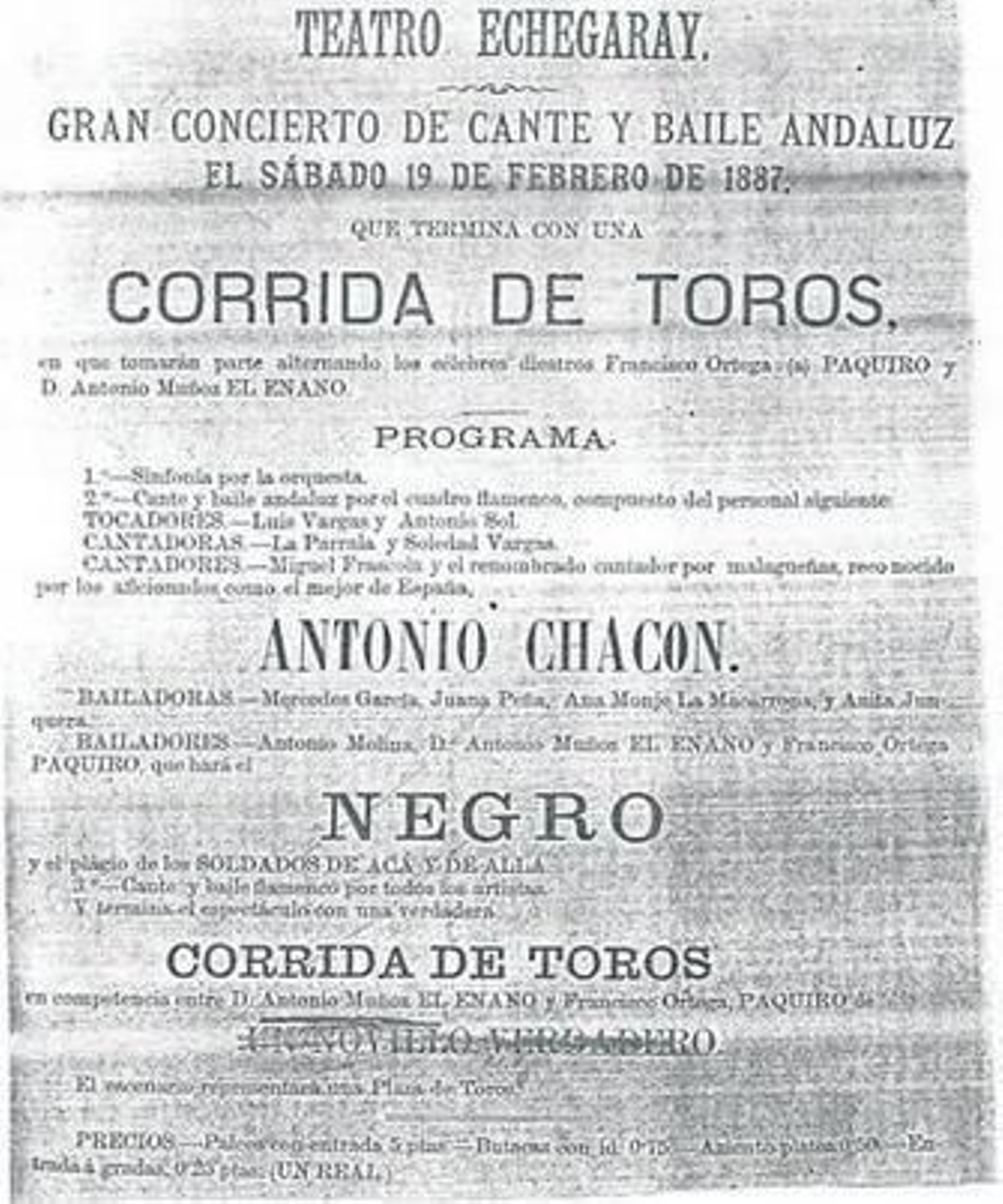 Corrida de toros en el Teatro Echegaray, con Antonio Chacón, El Enano y Paquiro