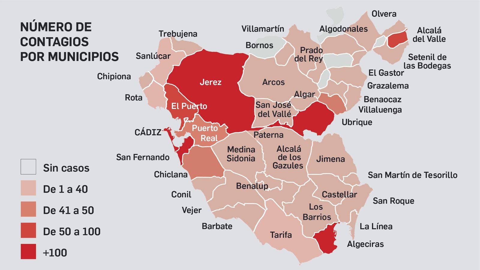 Mapa de contagios por municipios en la provincia de Cádiz.