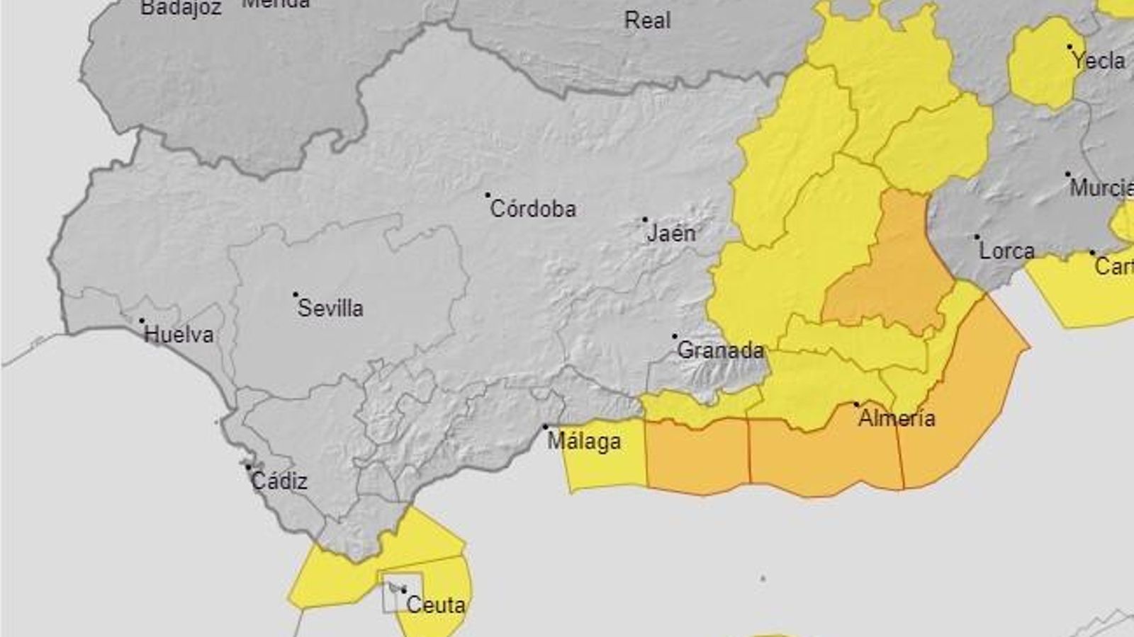 Mapa de alertas para este lunes en Andalucía. Mapa de alertas para este lunes en Andalucía.