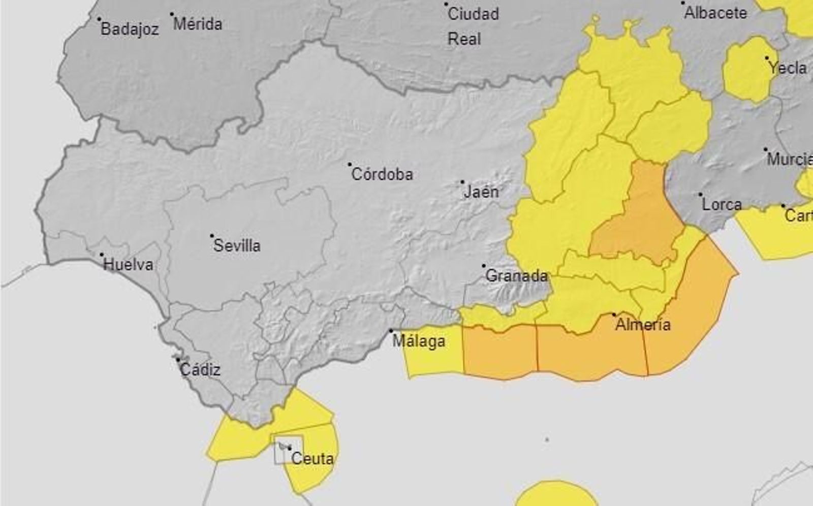 Mapa de alertas para este lunes en Andalucía.