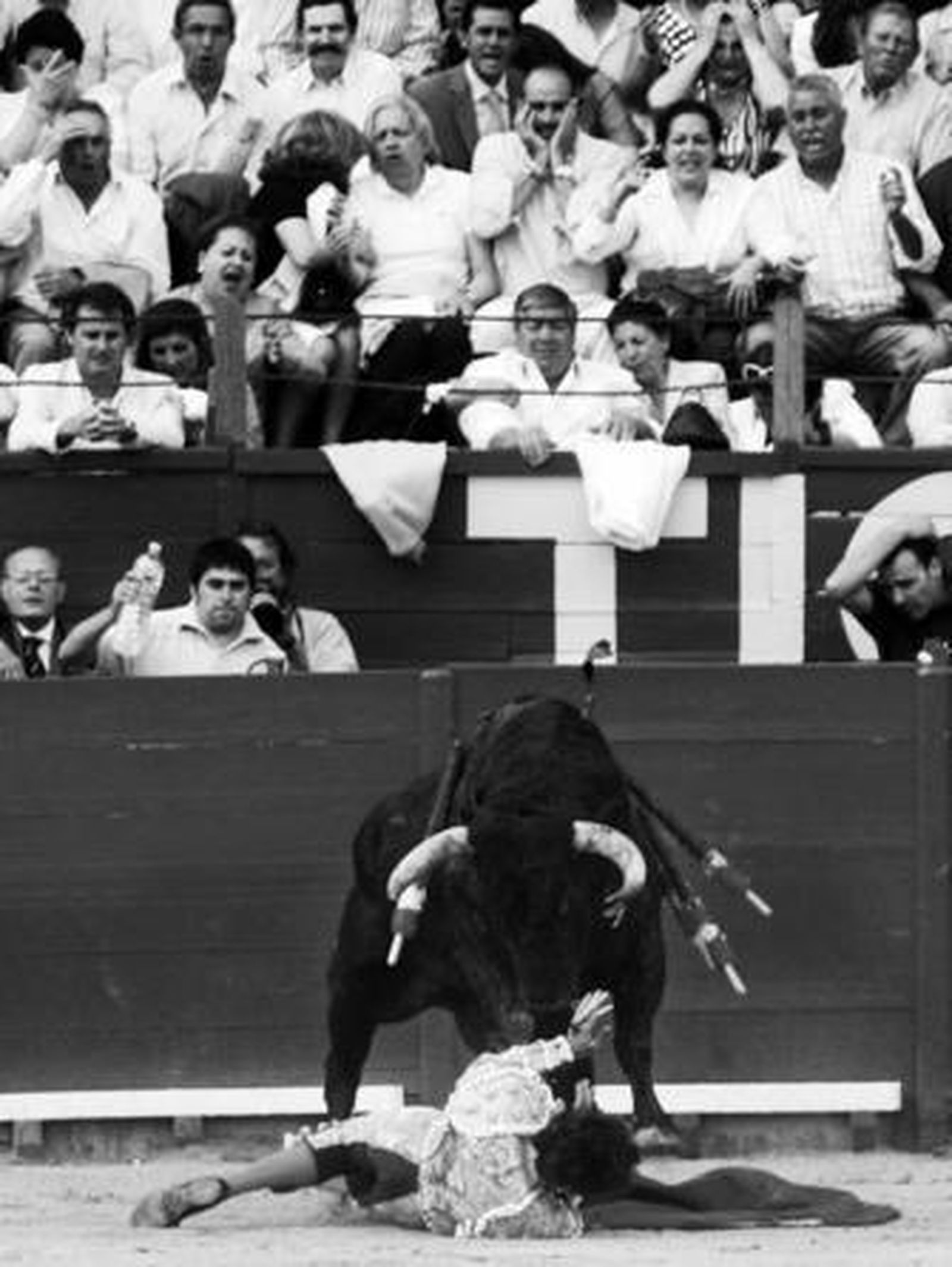 Momento en el que el quinto toro de la tarde coge al diestro José Tomás.