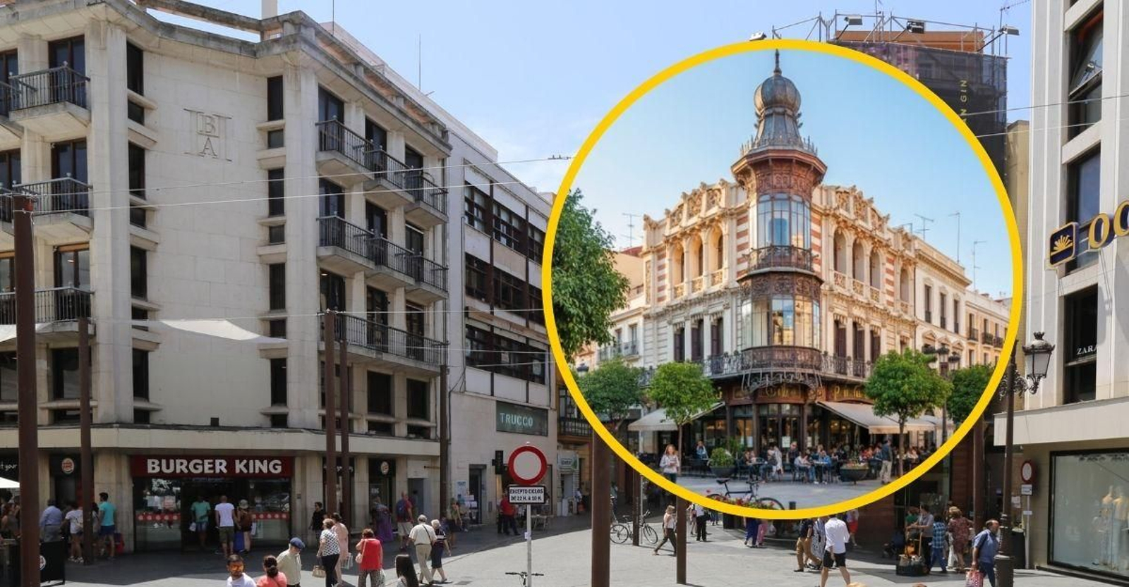 Así luciría hoy la plaza de la Campana con el histórico Café de París