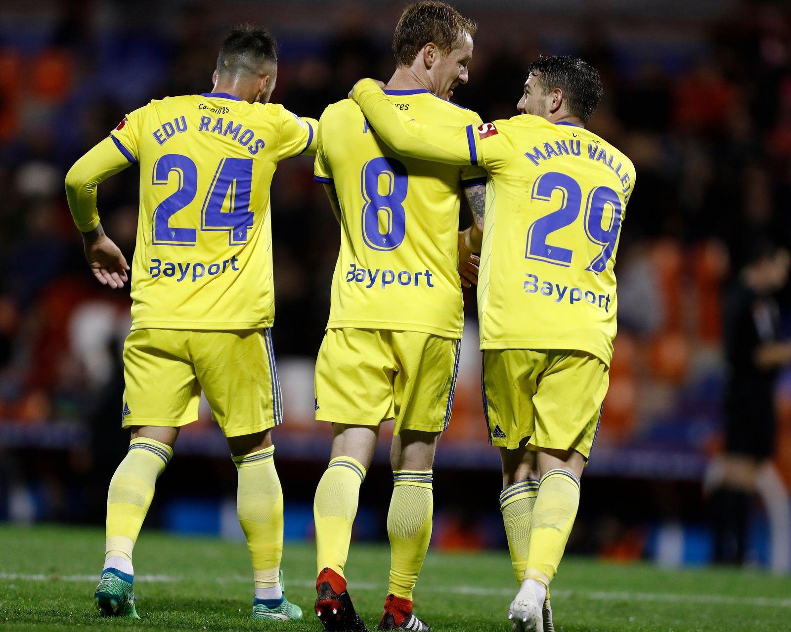 Edu Ramos, Álex y Manu Vallejo celebran el tanto del canterano frente al Lugo.