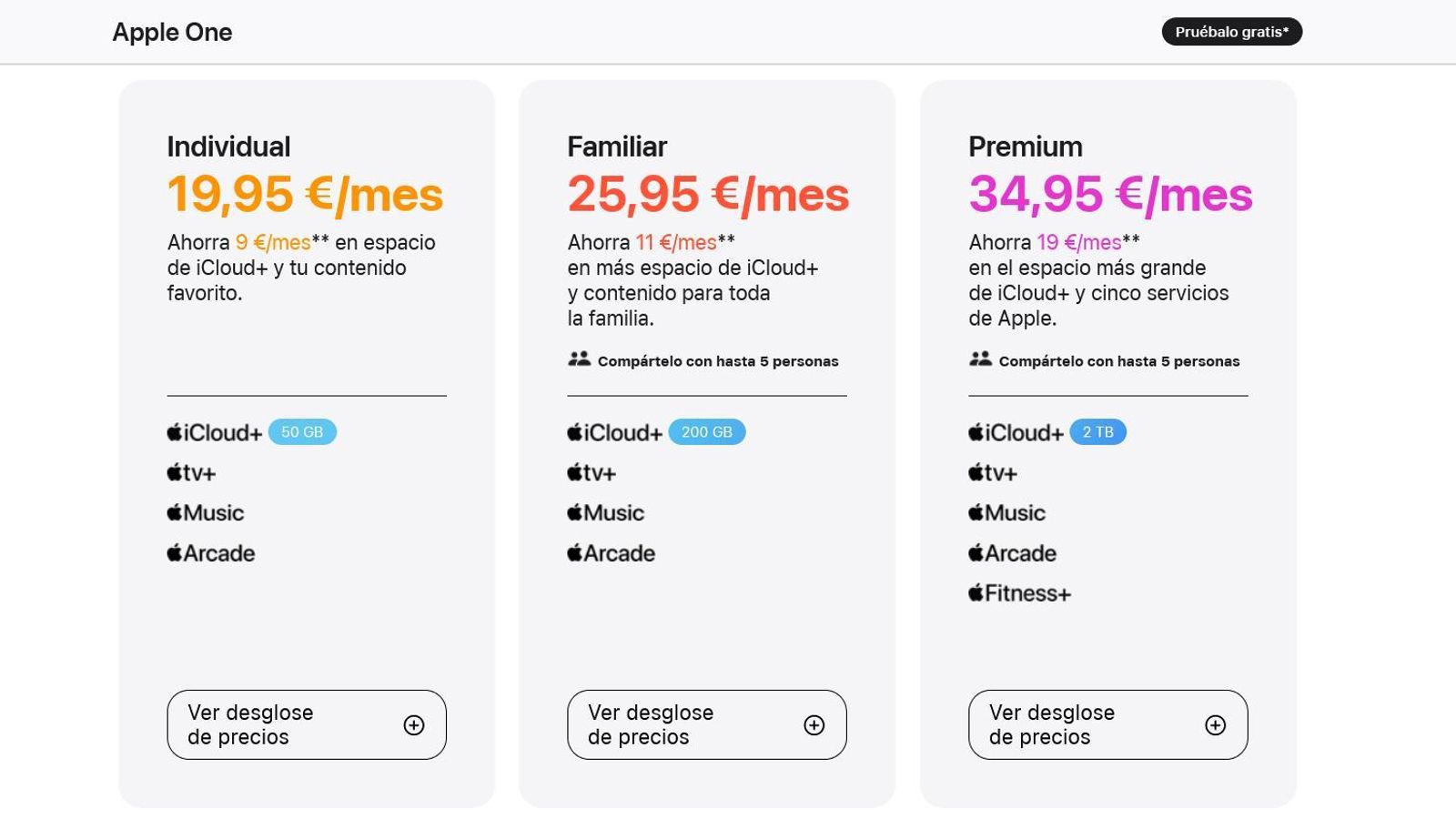 Nuevos precios de Apple One