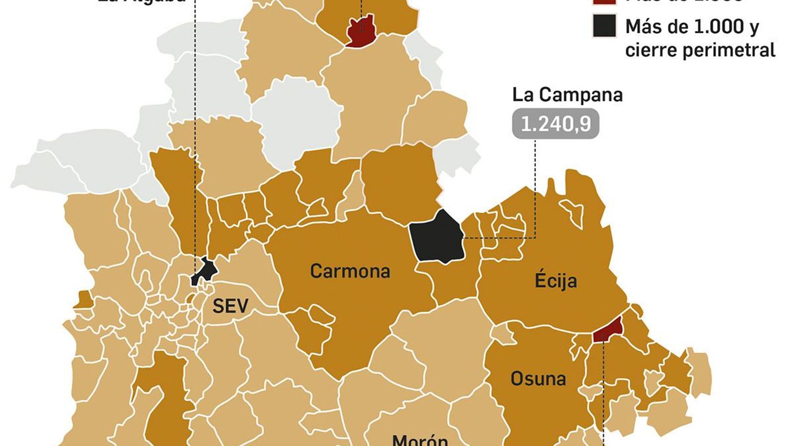 Latasa de contagio por municipios.