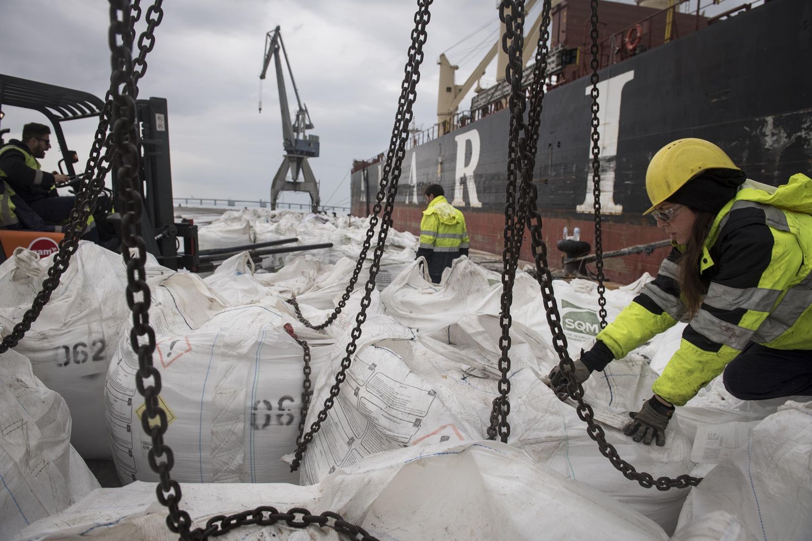 Un grupo de estibadores, en plena operación de carga y descarga de uno de los buques atracado en Cabezuela.