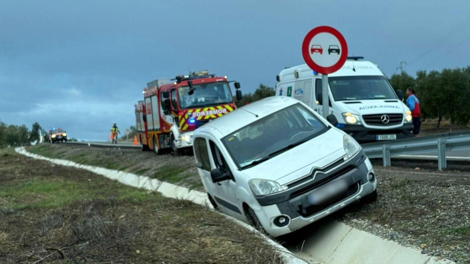 Furgoneta accidentada tras salirse de la carretera.